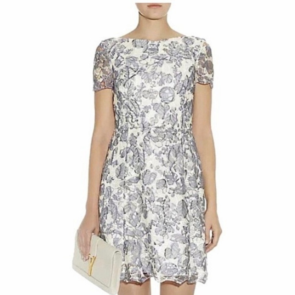 Tory Burch White and Gray Floral Lace Short Sleeve Mini Dress